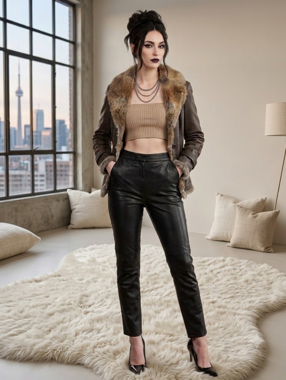 Vintage 90s Original Danier Leather Rabbit Fur Collar Gothic Leather Jacket